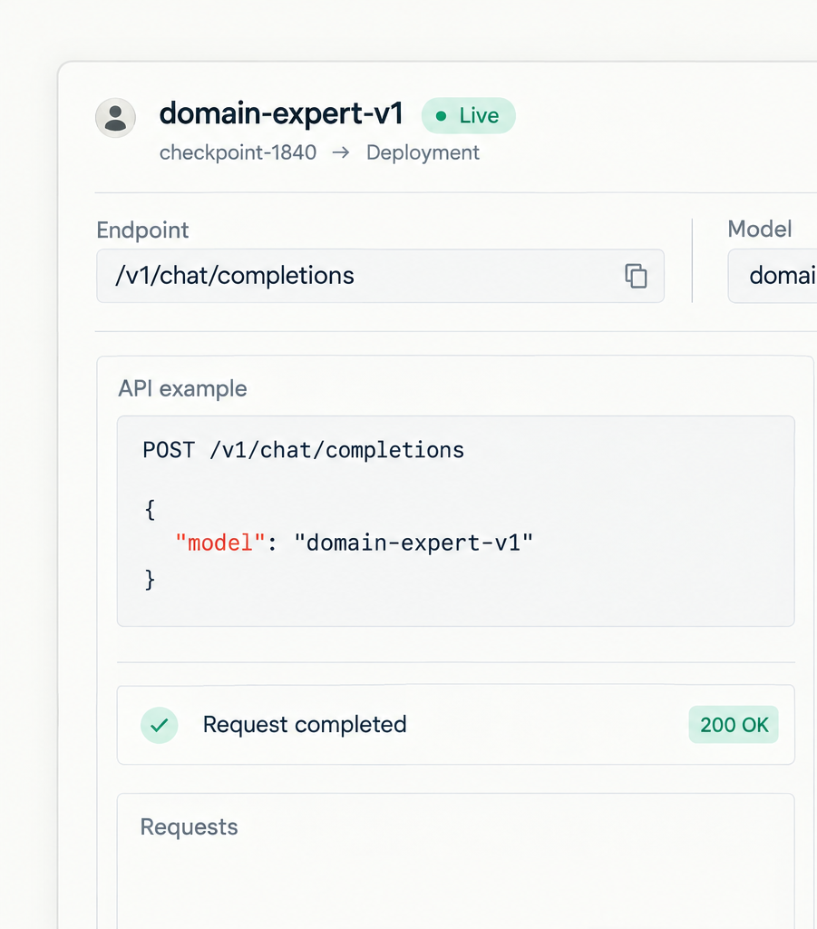 Inference deployment showing API endpoint and completions